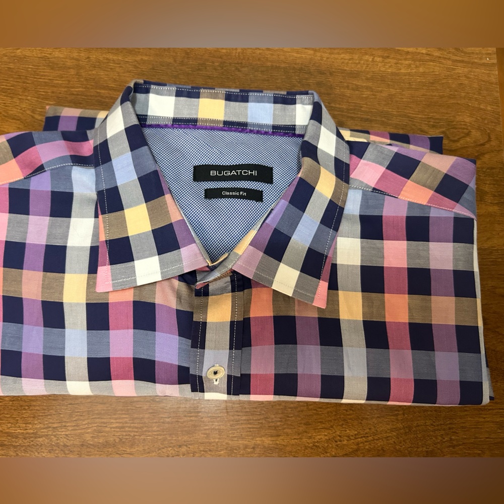 Bugatchi Classic Fit Men’s XL Plaid Purple and Pink Button Down Shirt